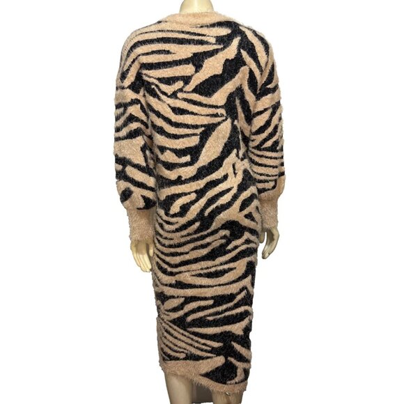 Lalavon S/M Beige Black Zebra Animal Print Long Open Fuzzy Cardigan Sweater - Picture 4 of 7